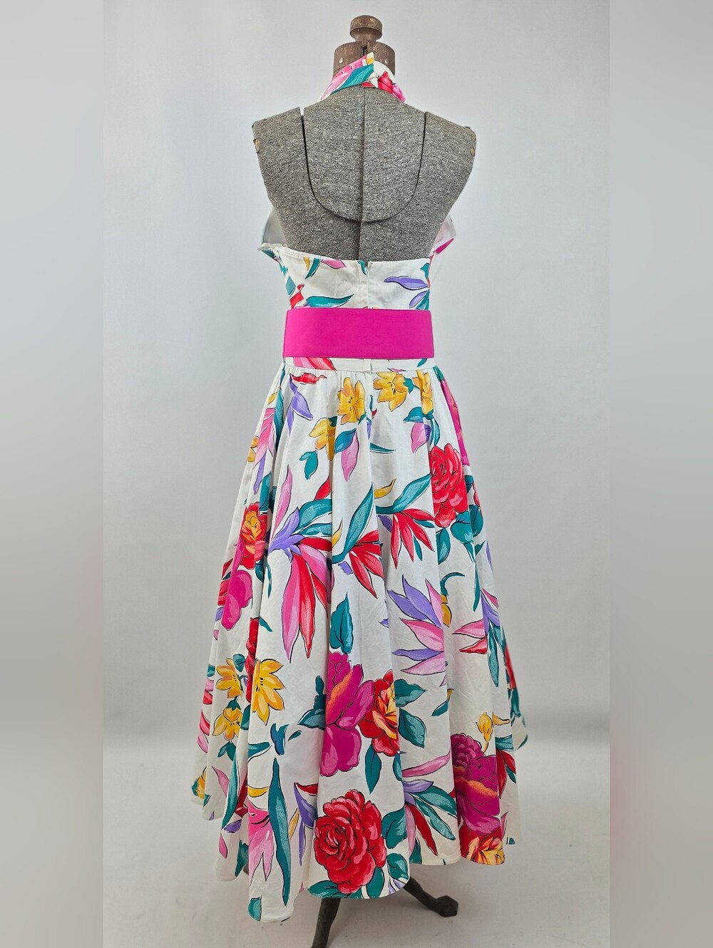Victor Costa Vintage 80's Women's Belted Floral Cotton Halter Party Sundress 10 - Picture 5 of 10